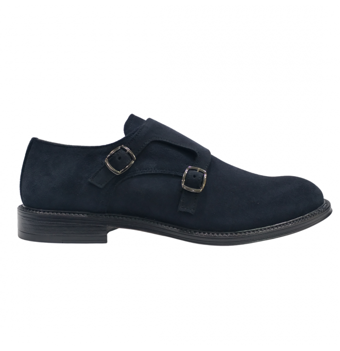 SCARPA UOMO DOPPIA FIBBIA MONK STRAP IN PELLE SCAMOSCIATA BLU